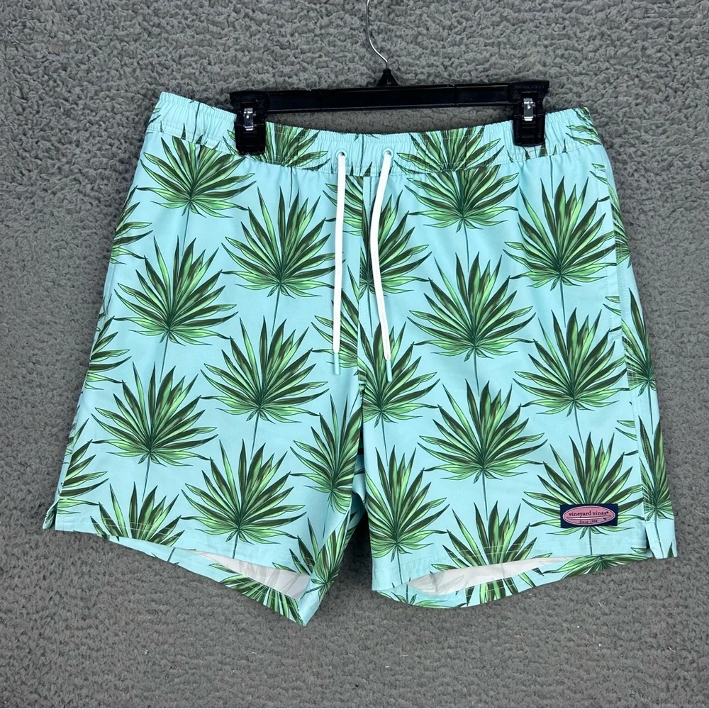 Vineyard Vines Mens Swim Trunks Large Chappy Palm Printed Green Lined 7” Inseam‎